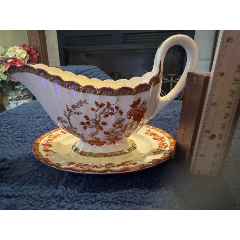 Spode Indian Tree Rust Gravy Boat Attached Underplate Red Transferware - Picture 3 of 4